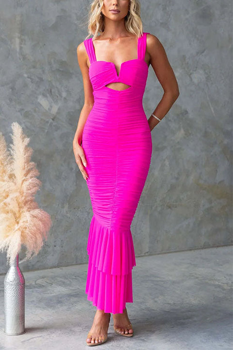 Febedress Sleeveless Cut Out Ruched Ruffle Bodycon Maxi Dress