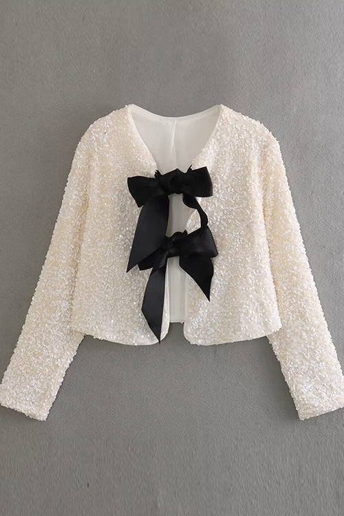 Febedress Long Sleeves Bow Detail Shiny Sequin Top