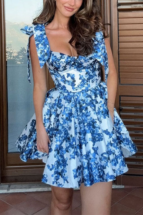 Febedress Bow Shoulder Floral Print A-line Mini Cami Dress