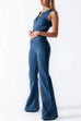 Febedress Zip Up Sleeveless Heart Back Bell Bottom Denim Jumpsuit