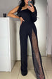 Febedress Stylish One Shoulder Slit Long Sleeve Mesh Splice Wide Leg Jumpsuit