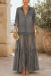 Febedress Lapel Long Sleeves Organza Splice Ruffle Denim Maxi Dress