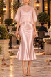 Febedress Mock Neck Chiffon Cape Overlay Satin Midi Dress Set (D)
