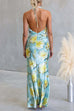 Halter Cowl Neck Open Back Floral Print Satin Maxi Dress