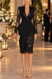 Febedress V Neck Long Sleeves Back Slit Lace Patchwork Bodycon Dress
