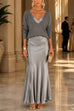 Febedress V Neck Drop Shoulder Sweater and Satin Maxi Cami Dress Set (B)