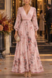 Febedress V Neck Lantern Long Sleeves Floral Print Pleated Maxi Dress (B)
