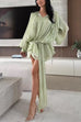 Febedress Lantern Long Sleeves Draped Ruffle Layered Mini Dress with Shorts