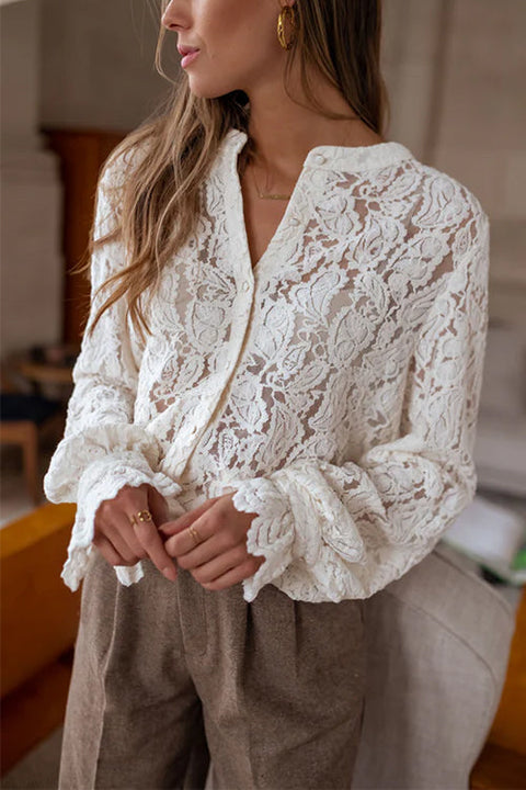 Febedress Ruffle Long Sleeves Button Up Lace Shirt