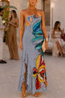 One Shoulder Sleeveless Floral Print Ruffle Slit Maxi Dress