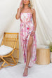 Strapless Bow Waist Floral Print Slit Wide Leg Jumpsuit