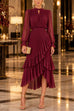 Febedress Mock Neck Sheer Sleeve Pleated Ruffle High-Low Midi Dress (E)