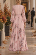 Febedress V Neck Lantern Long Sleeves Floral Print Pleated Maxi Dress (A)