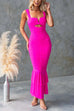 Febedress Sleeveless Cut Out Ruched Ruffle Bodycon Maxi Dress