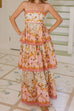 Febedress Spaghetti Strap Back Lace-up Ruffle Layered Floral Print Maxi Dress
