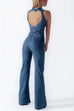 Febedress Zip Up Sleeveless Heart Back Bell Bottom Denim Jumpsuit