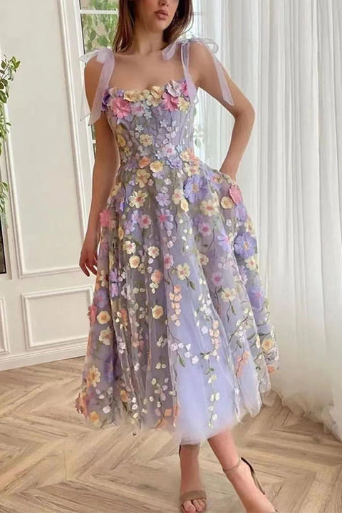 Febedress Bow Shoulder Flower Embroidery Swing Midi Cami Dress