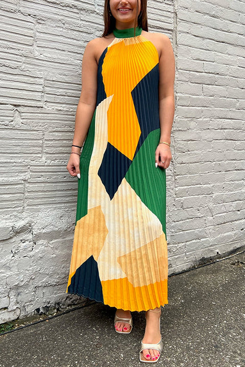 Febedress Halter Backless Color Block Printed Maxi Pleated Dress