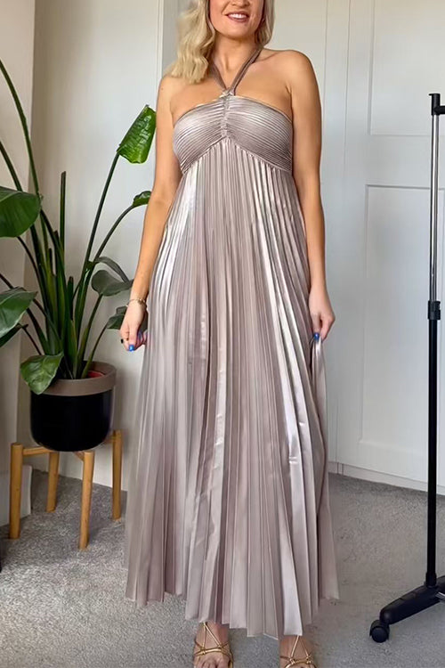 Halter Neck Pleated Metallic Maxi Dress