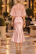 Febedress Mock Neck Chiffon Cape Overlay Satin Midi Dress Set (B)
