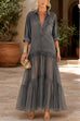 Febedress Lapel Long Sleeves Organza Splice Ruffle Denim Maxi Dress