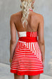 Halter Cowl Neck Bow Waist Striped Satin Mini Dress