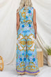 V Neck Sleeveless Bow Waist Floral Print Wide Leg Jumpsuit
