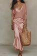 Febedress V Neck Drop Shoulder Sweater and Satin Maxi Cami Dress Set