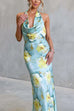 Halter Cowl Neck Open Back Floral Print Satin Maxi Dress