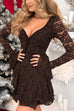 V Neck Bell Long Sleeves Ruffle Lace Mini Dress