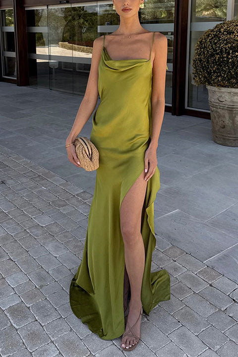 Febedress High Slit Back Drape Cascading Satin Maxi Cami Dress