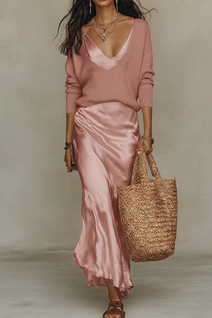 Febedress V Neck Drop Shoulder Sweater and Satin Maxi Cami Dress Set (B)