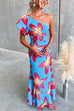 One Shoulder Puff Short Sleeve Floral Print Maxi Dress