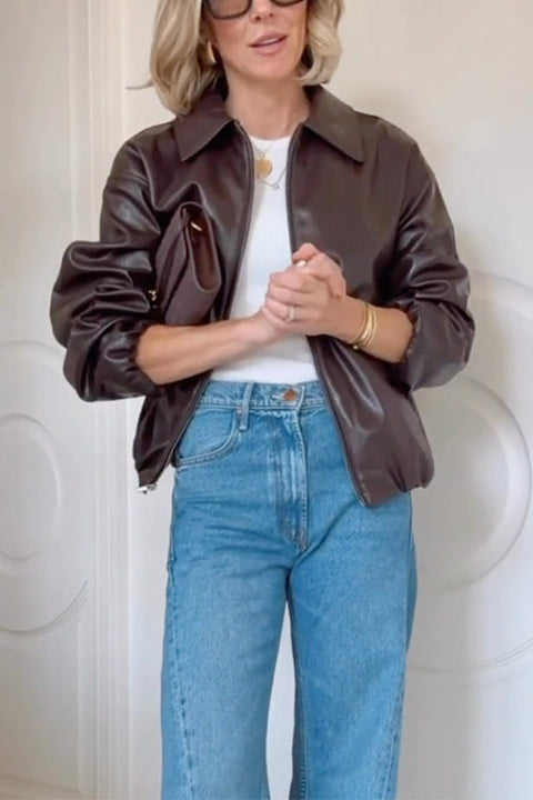 Febedress Lapel Zip Up Faux Leather Bomber Jacket