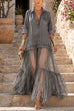 Febedress Lapel Long Sleeves Organza Splice Ruffle Denim Maxi Dress