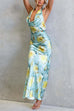 Halter Cowl Neck Open Back Floral Print Satin Maxi Dress