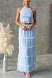 Febedress Frill Trim Halter Backless Crop Top and Drawstring Waist Maxi Skirt Set