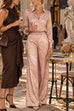 Febedress Lapel Long Sleeves Shirt High Rise Pocketed Straight Leg Pants Paisley Print Set (C)