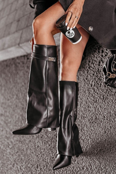Febedress Pointed Toe Fold Over Chunky Block Zipper High Boots