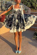 Febedress Bow Shoulder Sleeveless High Waist Floral Print Mini Dress