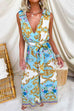 V Neck Sleeveless Bow Waist Floral Print Wide Leg Jumpsuit