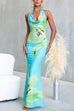 Halter Cowl Neck Backless Floral Print Satin Maxi Dress