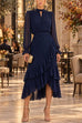 Febedress Mock Neck Sheer Sleeve Pleated Ruffle High-Low Midi Dress (E)