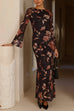 Round Neck Long Sleeves Floral Print Maxi Dress