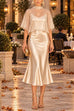 Febedress Mock Neck Chiffon Cape Overlay Satin Midi Dress Set (B)