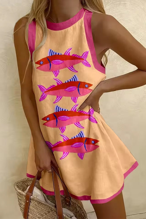 Febedress Sleeveless Cartoon Fish Print Color Block Mini Dress