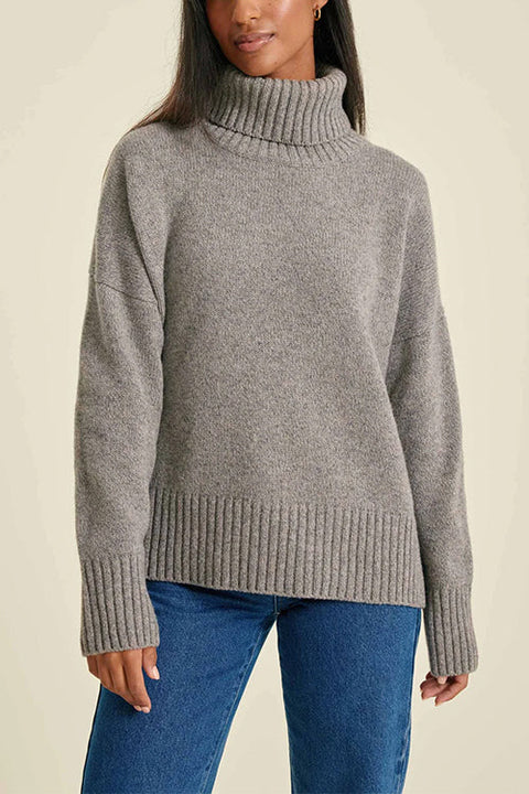 Turtleneck Drop Shoulder Ribbed Hem Casual Sweater
