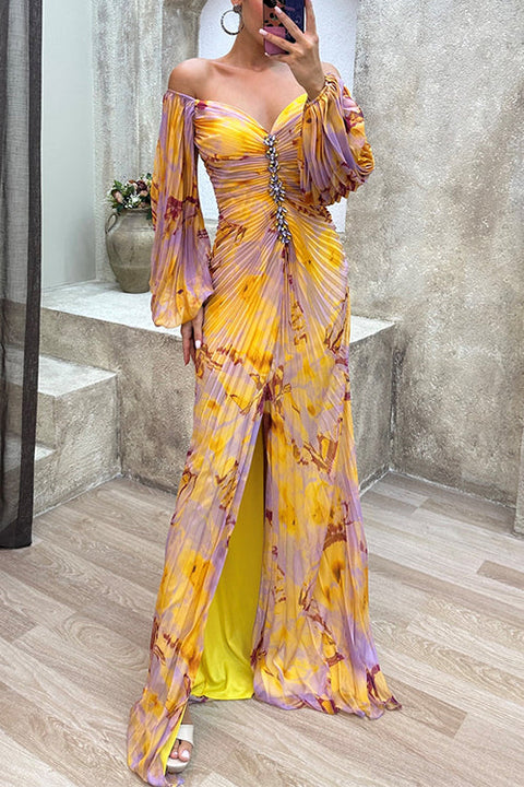 Febedress Off Shoulder Lantern Long Sleeves Printed Slit Pleated Maxi Dress