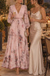 Febedress V Neck Lantern Long Sleeves Floral Print Pleated Maxi Dress (A)