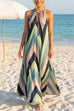 V Neck Sleeveless Color Block Slit Maxi Dress